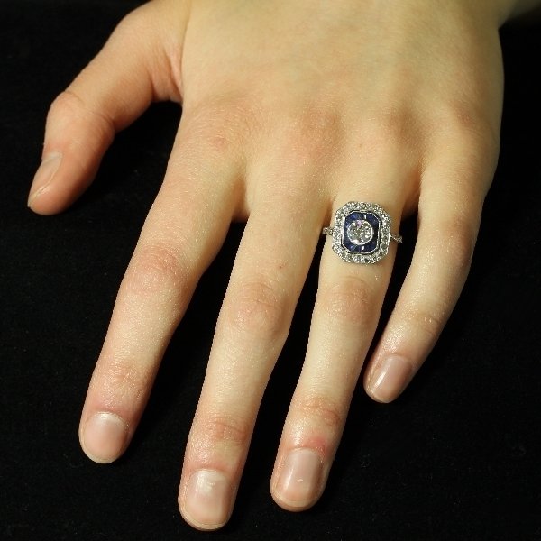Vintage Blue Sapphire Diamond Engagement Ring Art Deco Jewelry from the antique jewelry collection of www.adin.be
